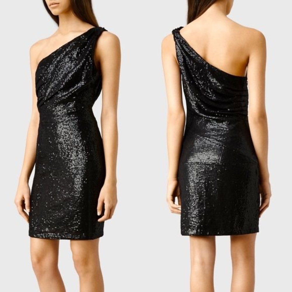 AllSaints Dress, Black, Sequin, One-Shoulder, Cocktail
